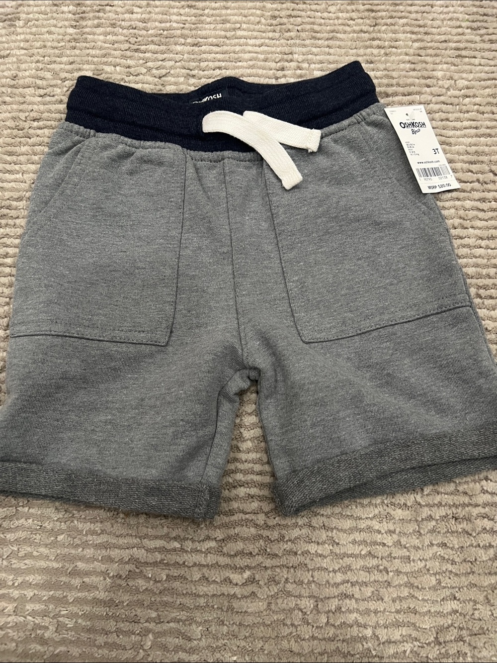 Oshkosh Gray Drawstring Knit Shorts with Navy Waistband
